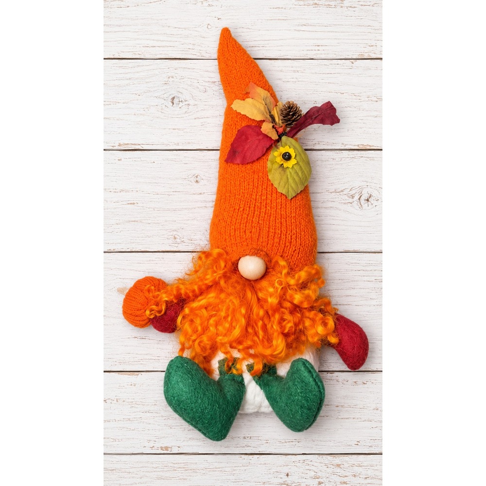 Handmade Fall Harvest Gnome Orange Knit Hat Leaf Decor Autumn Folk Art OS